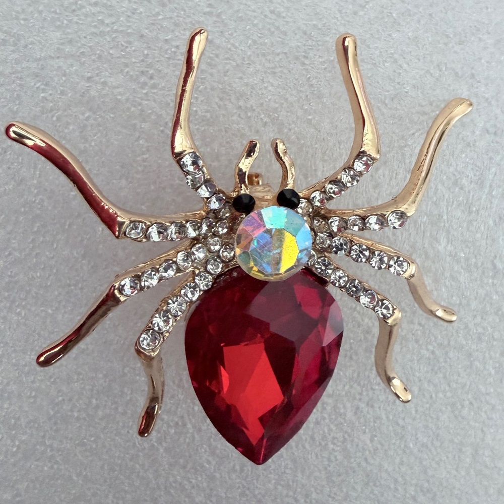 Spider Brooch Gold Crystal with Red Teardrop Gem - Fashion Jewelry